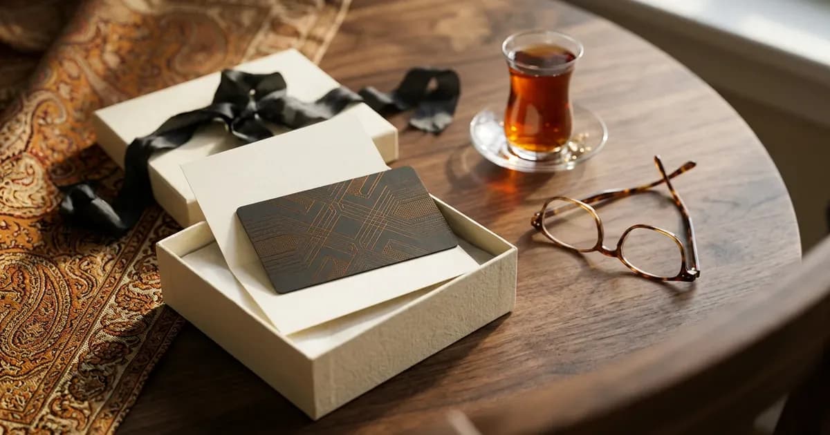 هدیه دادن بیت‌کوین با کارت هدیه در جعبه کرم‌رنگ کنار استکان چای و عینک مطالعه