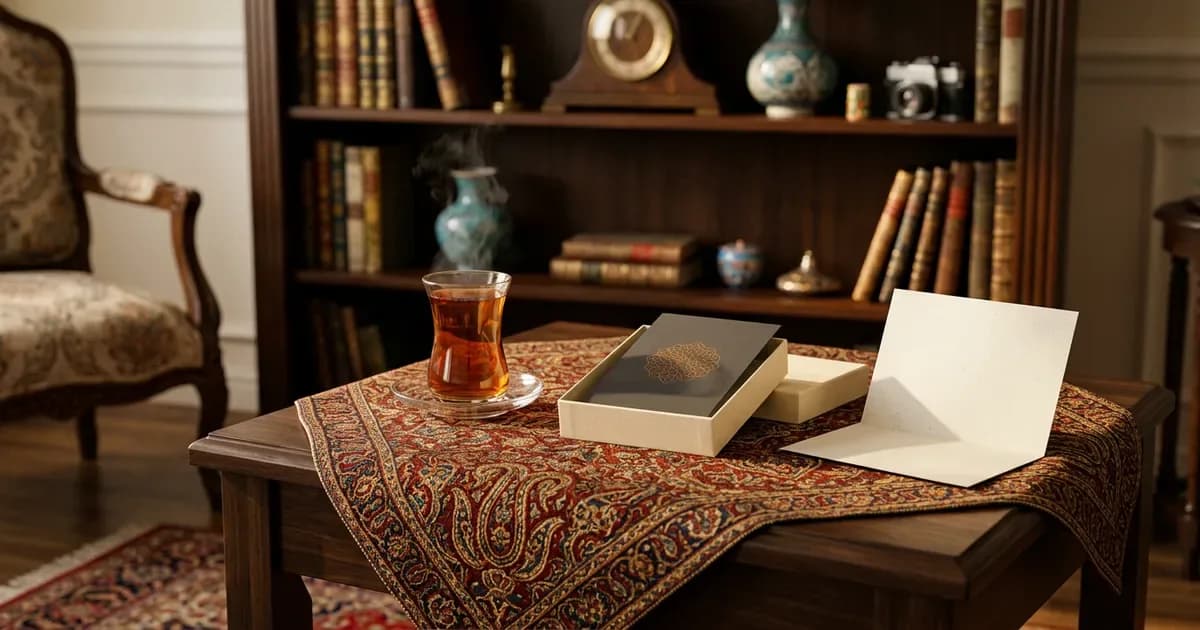 هدیه برای کسی که همه چیز دارد: جعبه کرم‌رنگ با کارت هدیه تیره و کارت یادداشت روی میز با رومیزی ترمه، جلوی قفسه‌ای پر از کتاب و اشیای قدیمی
