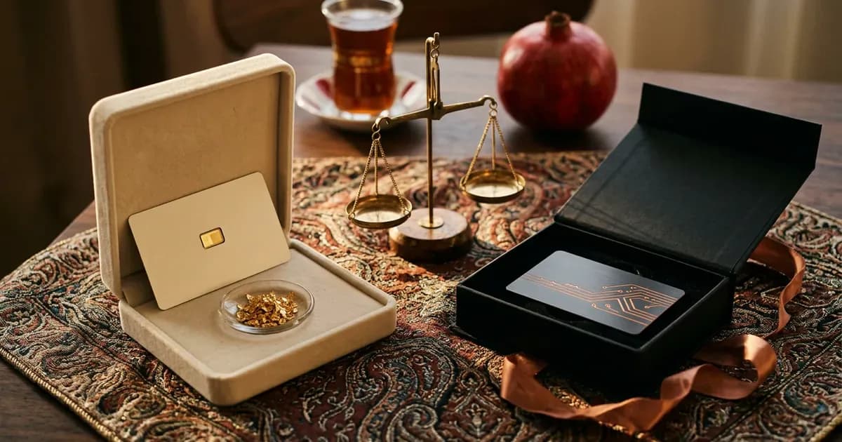 کارت هدیه طلا در جعبه مخمل کنار کارت هدیه دیجیتال تیره و یک ترازوی برنجی روی ترمه، برای مقایسه کارت هدیه طلا و بیت‌کوین