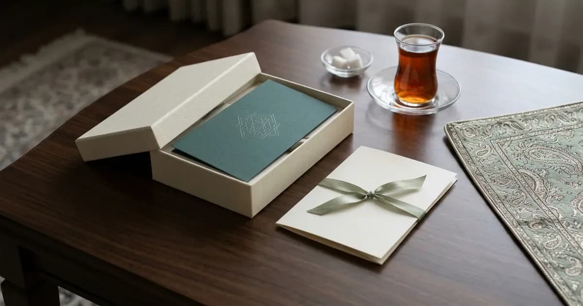 کارت هدیه تتر سبزرنگ در جعبه هدیه کرم‌رنگ کنار کارت یادداشت روبان‌دار، استکان چای و رومیزی ترمه