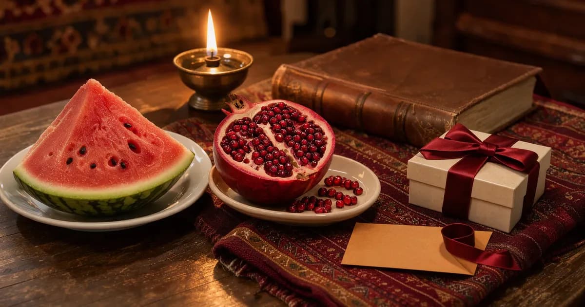 هدیه یلدا خاص روی سفره شب چله: انار، هندوانه، چراغ برنجی، کتاب قدیمی و جعبه هدیه با روبان قرمز